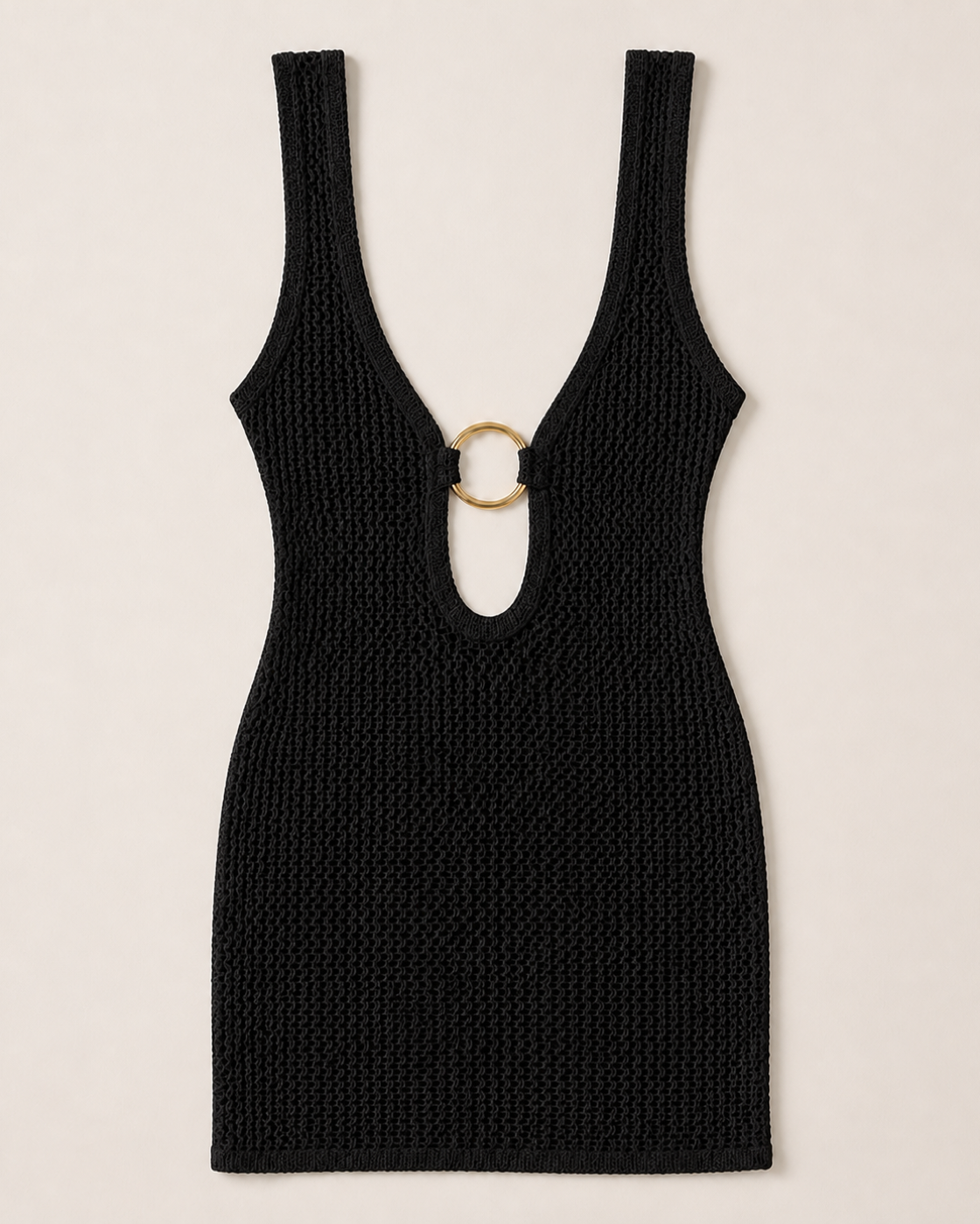 Black Crochet O-Ring Plunge Tank Mini Dress, product-only studio view