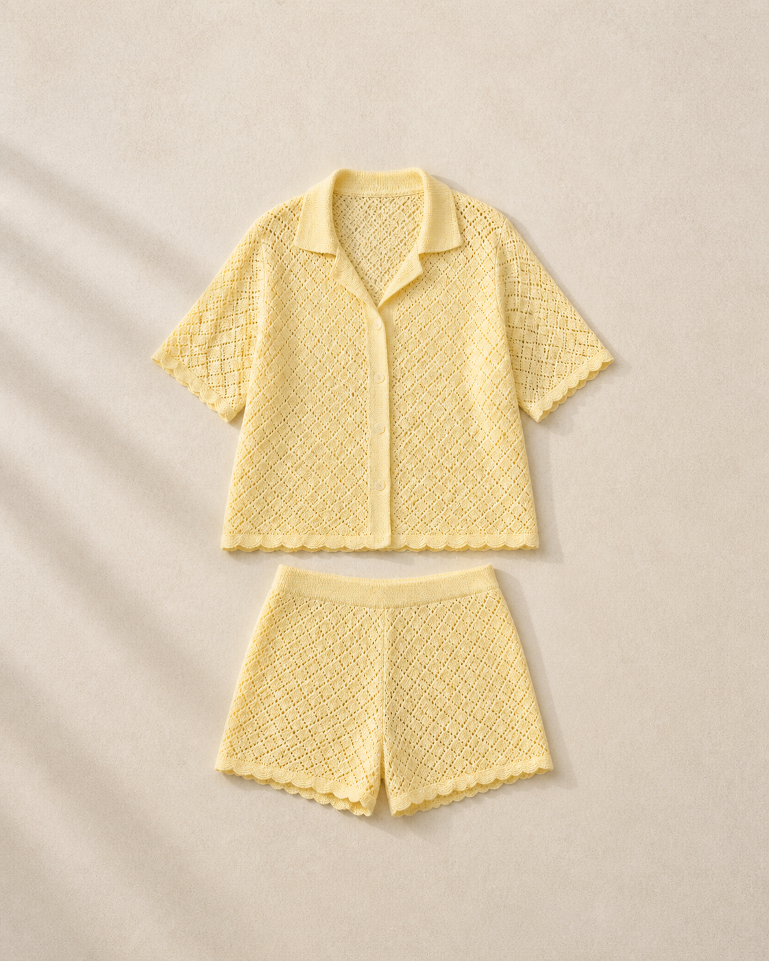 Pale Yellow Pointelle Shirt & Shorts Set, studio product view