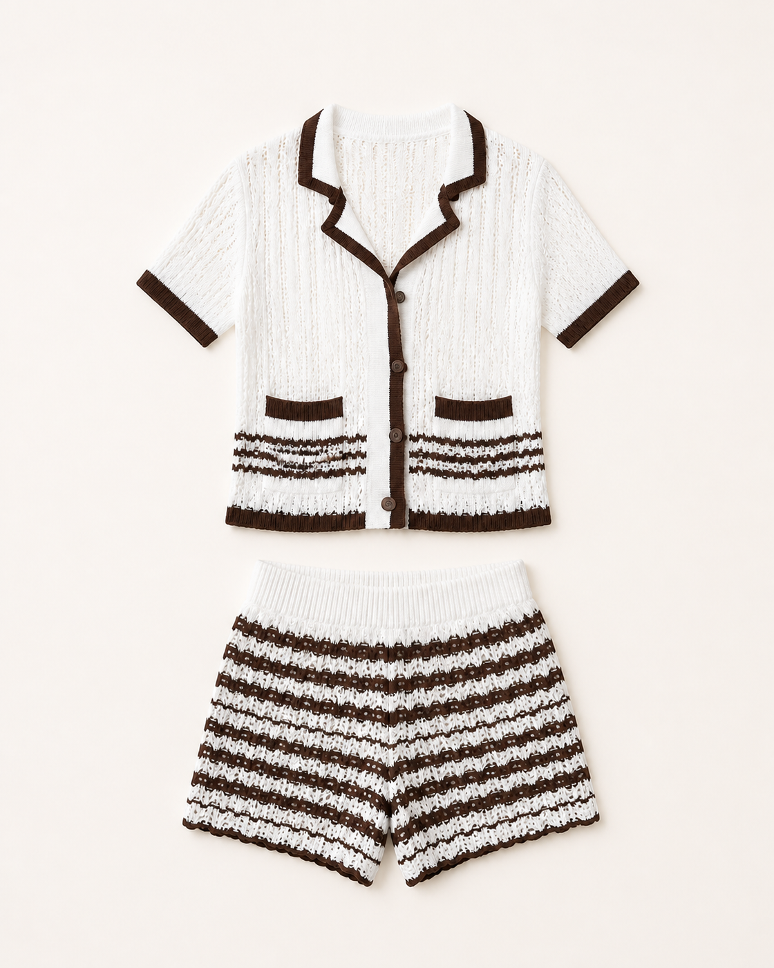 White & Brown Stripe Knit Cardigan & Shorts Set, studio product view