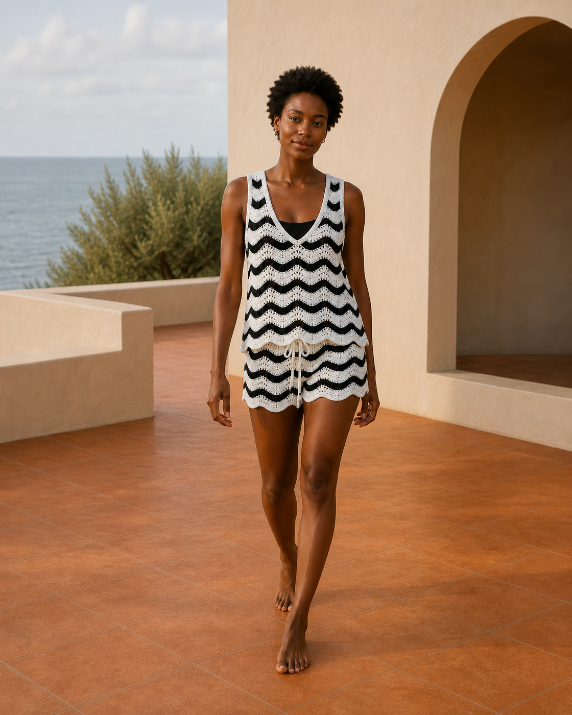 Black & White Chevron Knit Tank & Shorts Set, on Black model
