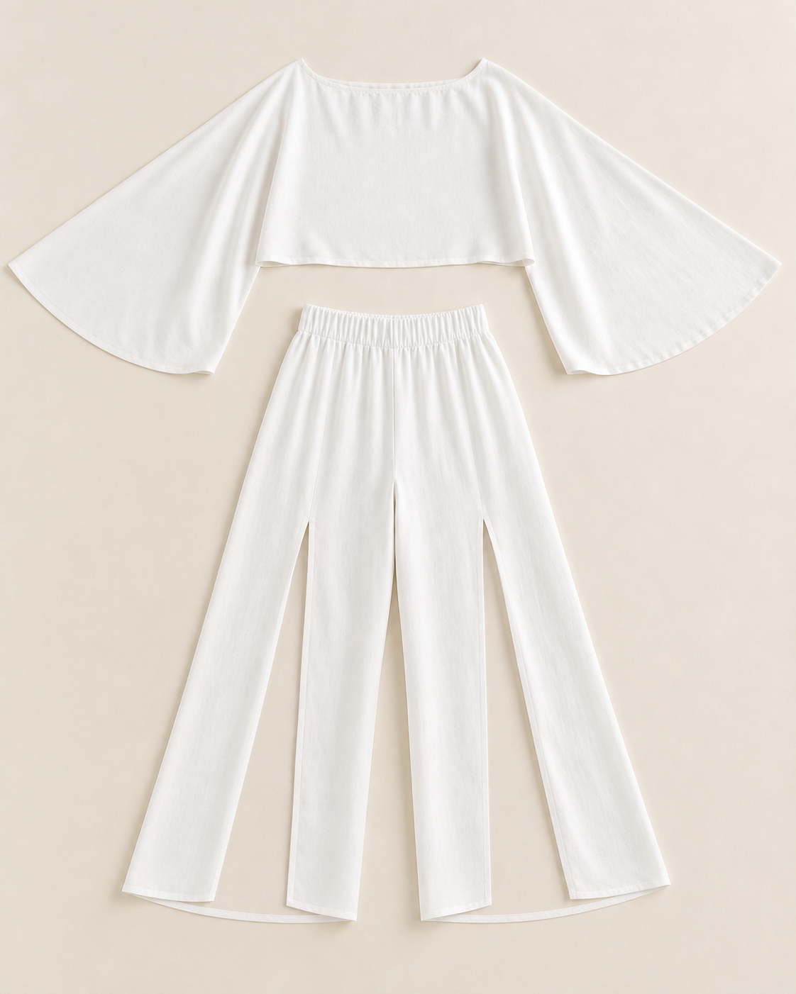 White Bell-Sleeve Crop Top & Wide-Leg Pants Set, studio product view