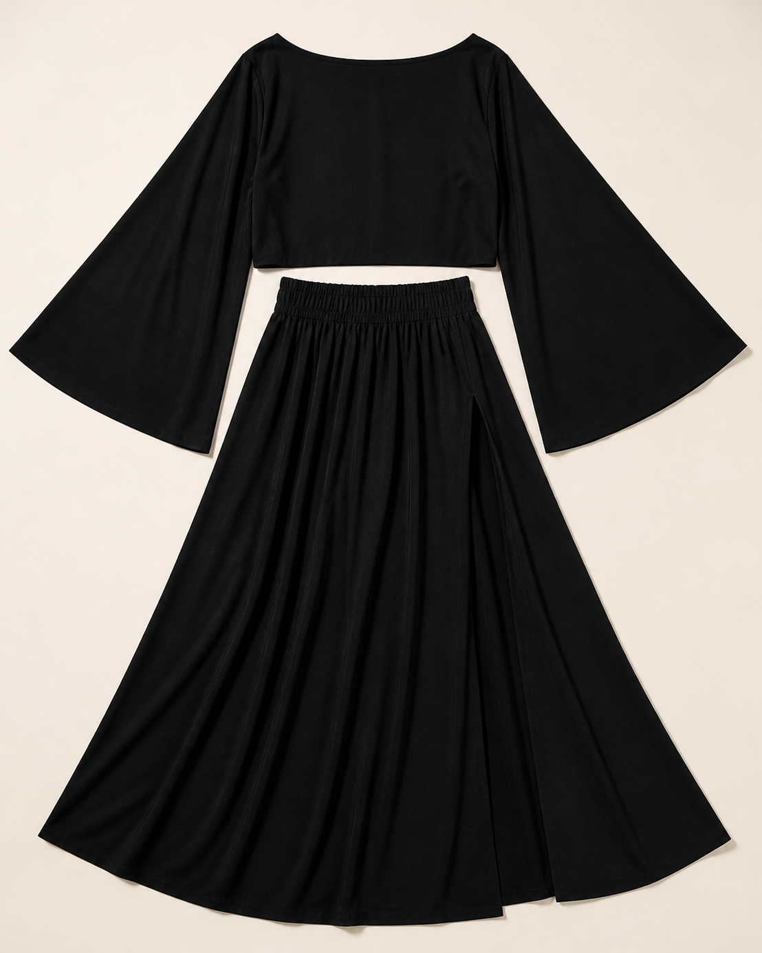 Black Bell-Sleeve Crop Top & High-Slit Maxi Skirt Set, studio product view