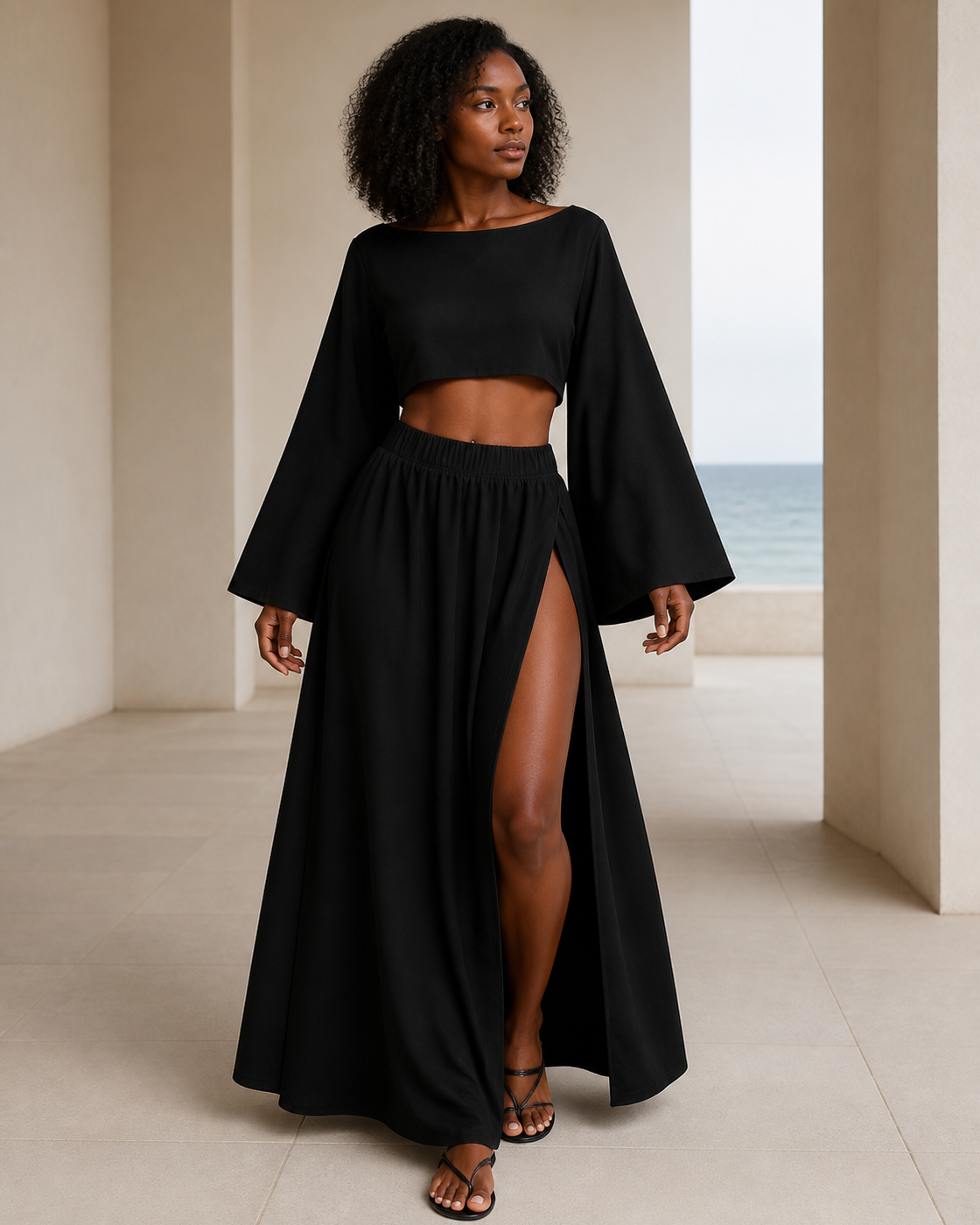 Black Bell-Sleeve Crop Top & High-Slit Maxi Skirt Set, on Black model