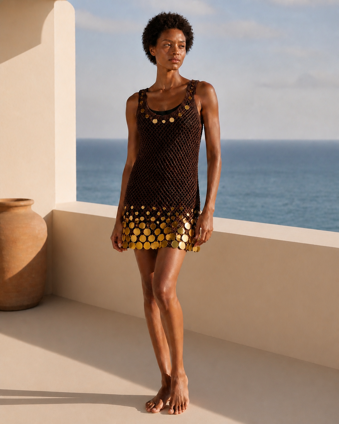 Brown mesh and sequin sleeveless mini cover-up dress, front view on a third model