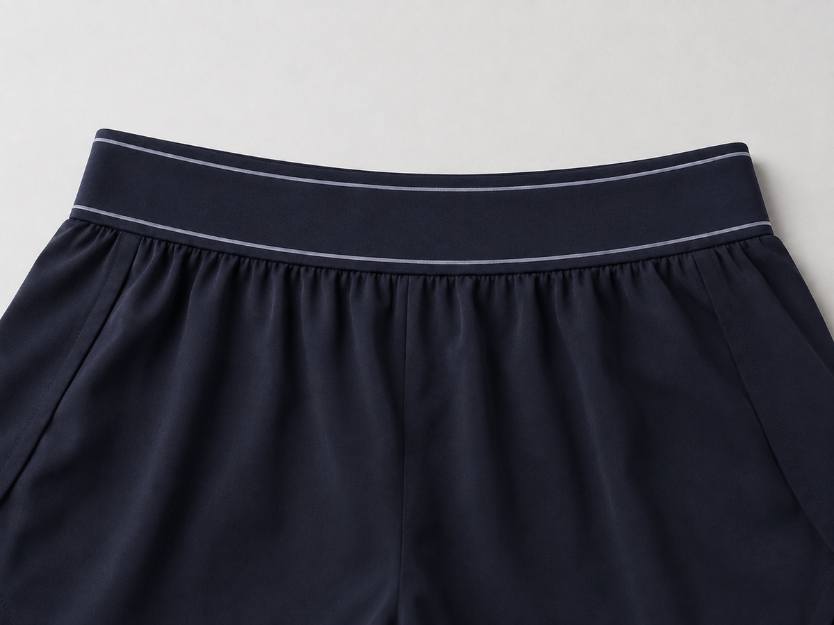 Navy running shorts waistband detail showing fine contrast lines and gathered fabric.