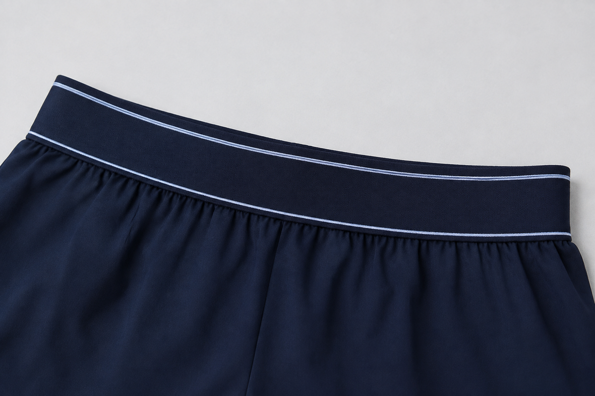 Navy running shorts detail showing contrast lines on the waistband and gathered fabric below.