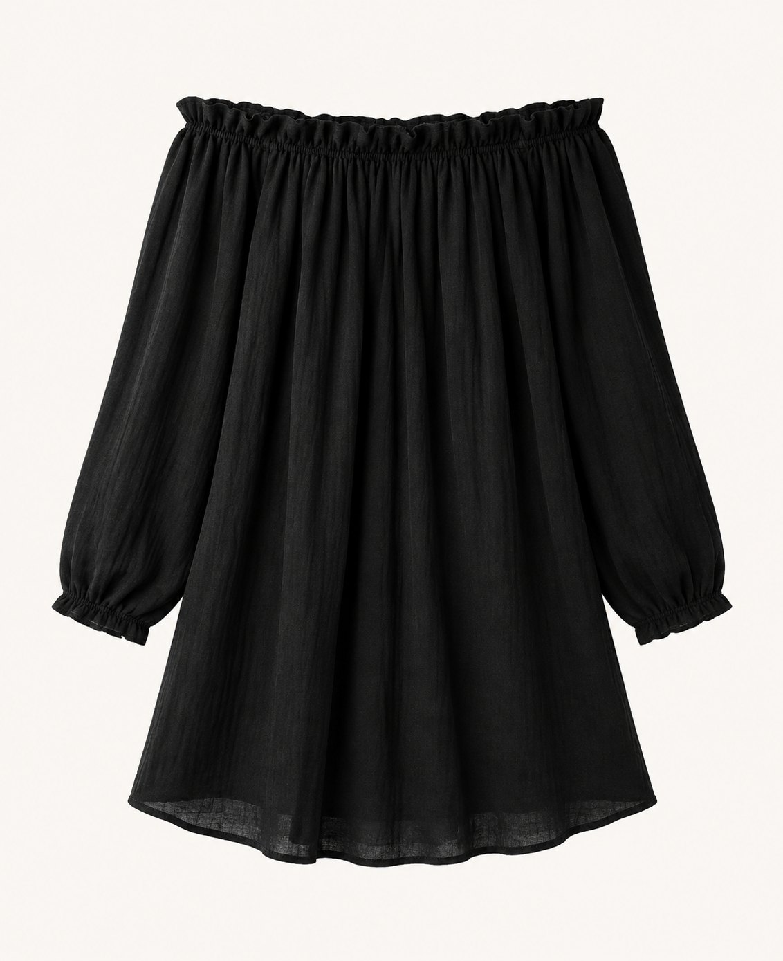 Black off-shoulder cover-up dress detail showing the gathered neckline, long sleeves, and softly gathered cuffs.