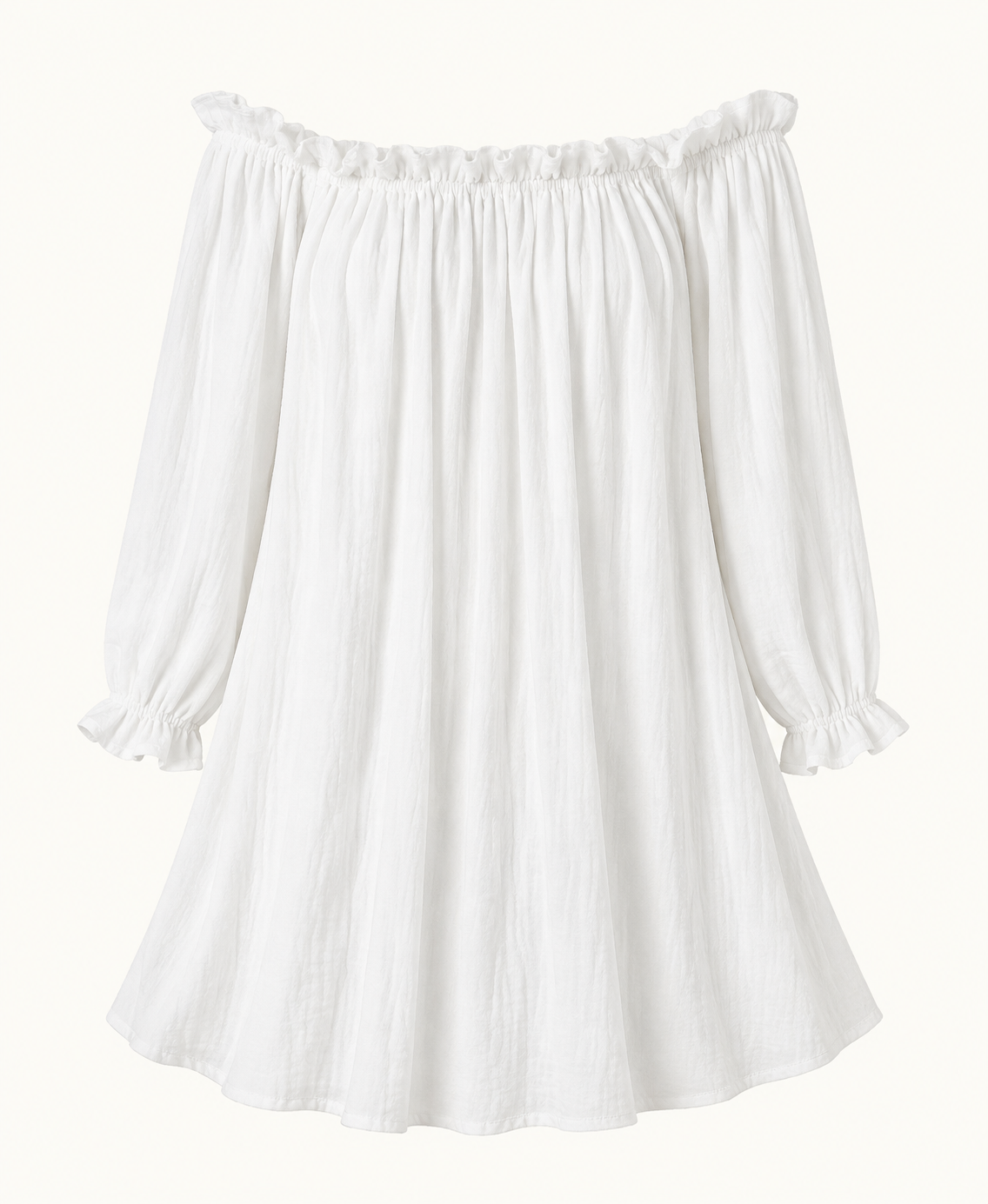 White off-shoulder cover-up dress detail showing the gathered neckline, long sleeves, and softly gathered cuffs.