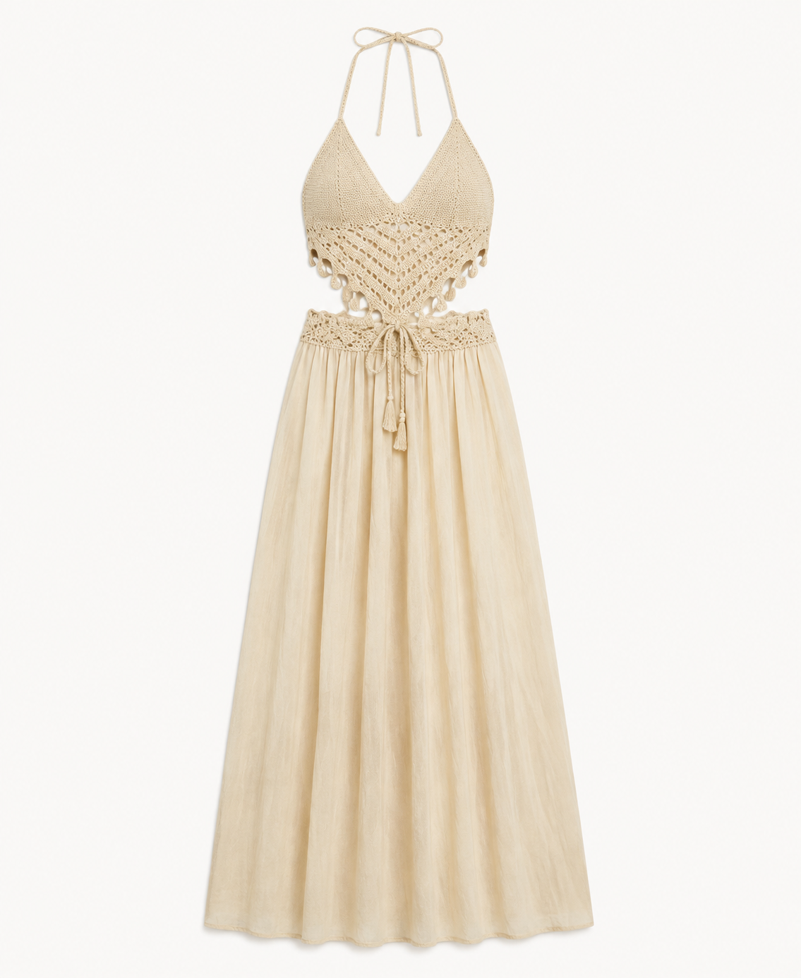 Beige-cream crochet maxi dress cover-up detail showing the halter bodice, waist tie, and flowing skirt.