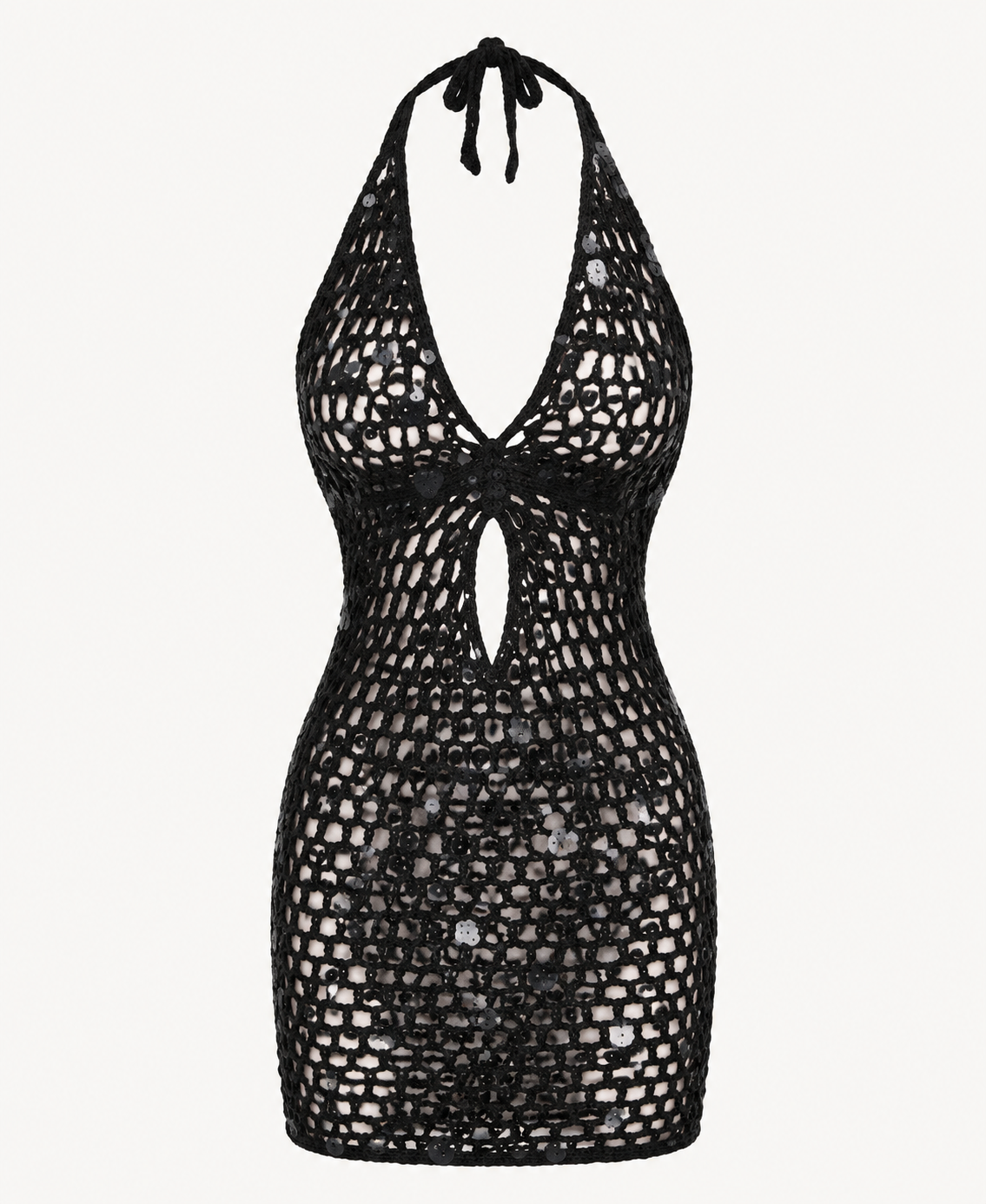 Black sequin crochet halter mini dress detail showing the open pattern, center waist opening, and sequin accents.