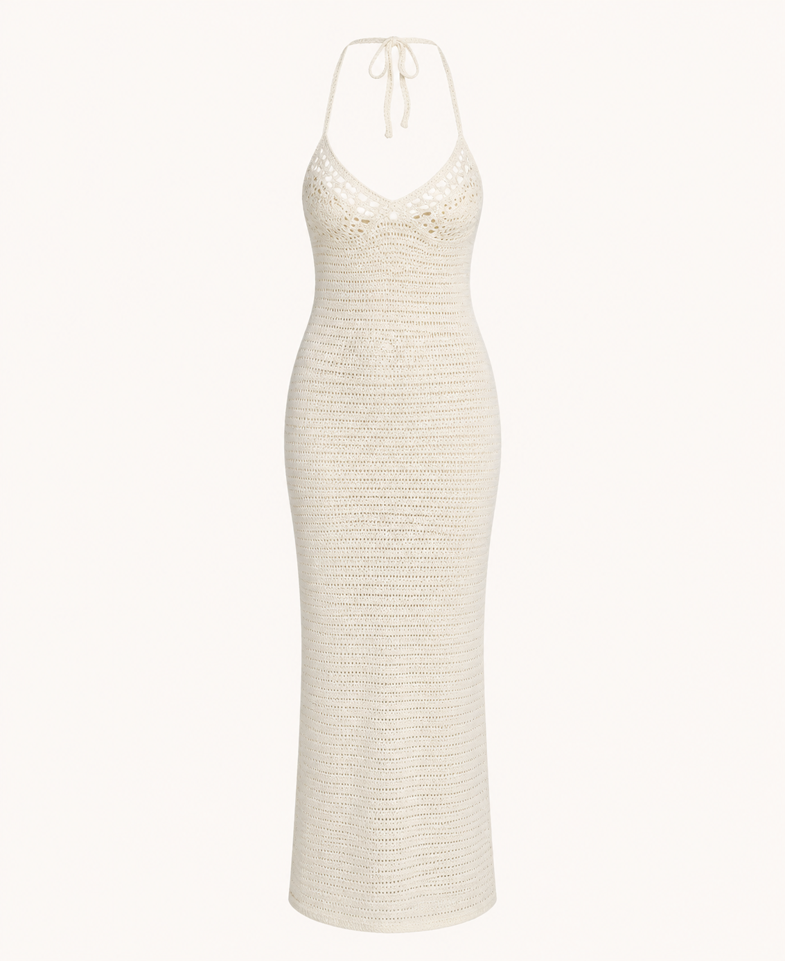 White-cream knit halter maxi cover-up detail showing the scoop neckline and long clean silhouette.