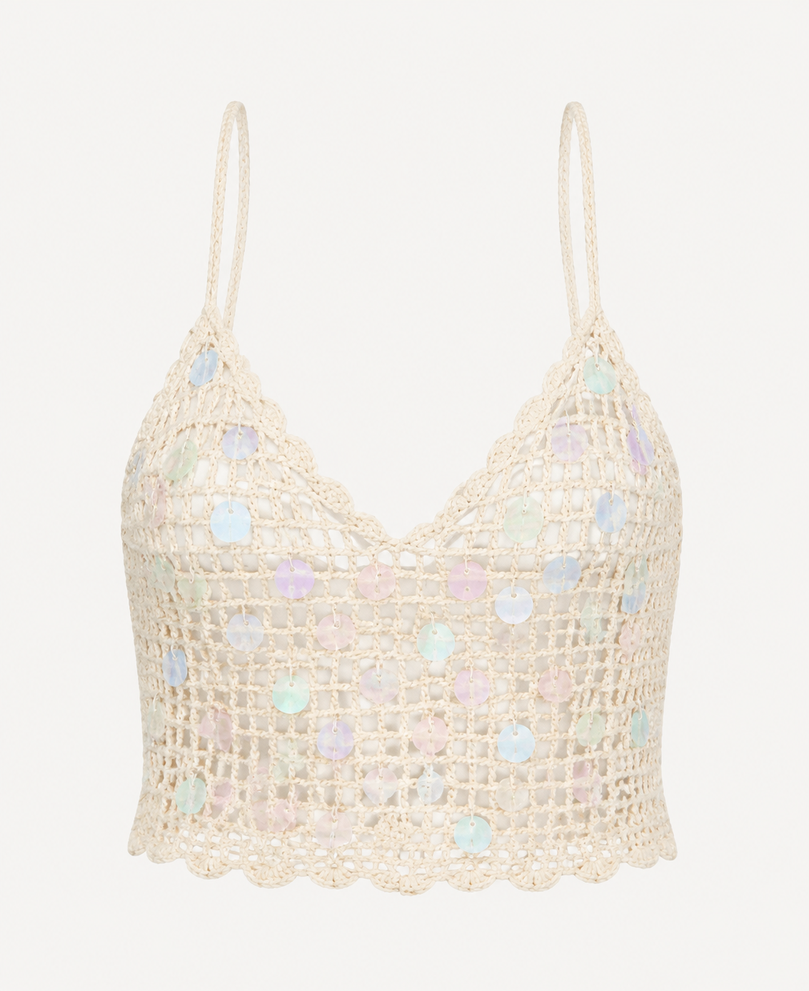 Cream crochet cami crop top detail showing the deep V neckline, scalloped edge, and pastel disc accents.