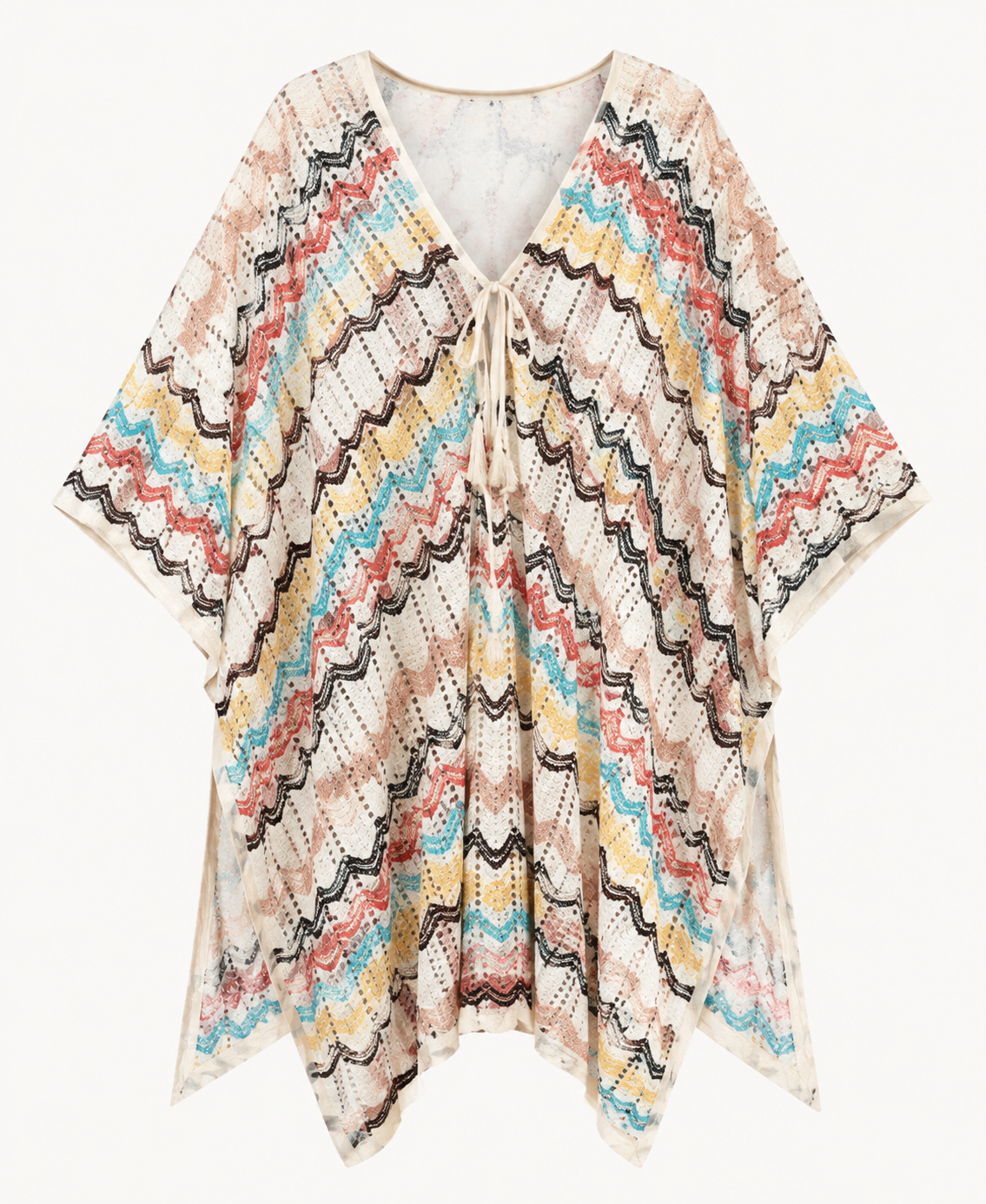 Cream rainbow chevron kaftan detail showing the V neckline, loose sleeves, and multicolor zigzag pattern.