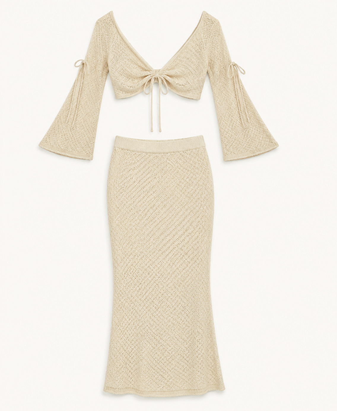 Beige-cream crochet two-piece set detail showing the long-sleeve tie-front top and matching maxi skirt.
