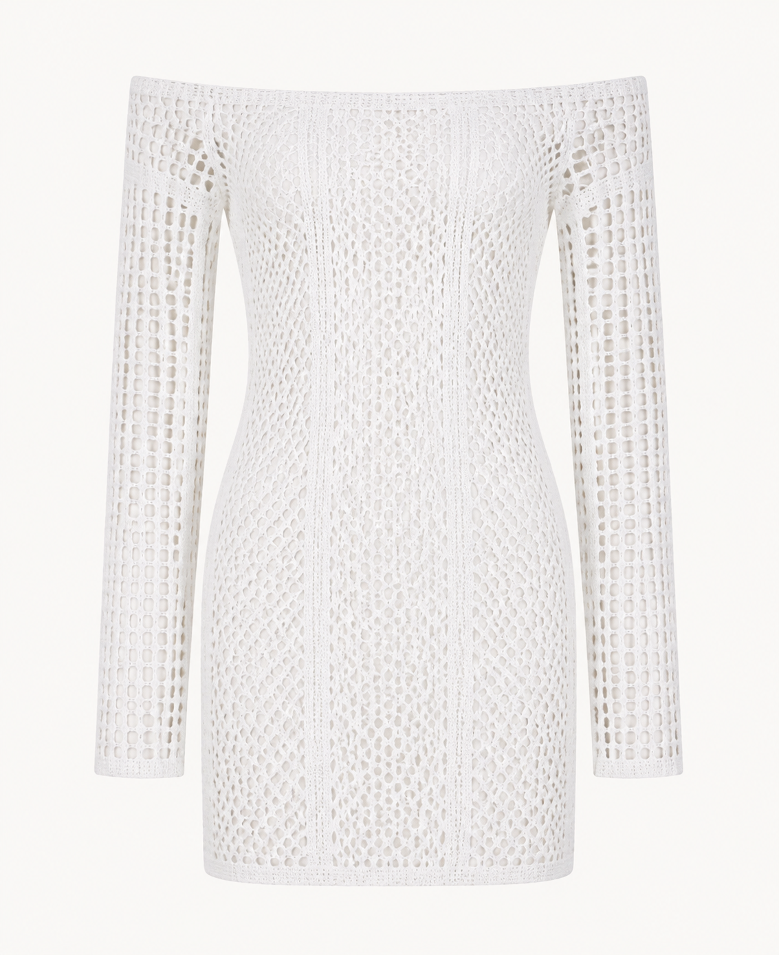 White crochet off-shoulder mini dress detail showing the open shoulder, long sleeves, crochet pattern, and short hem.