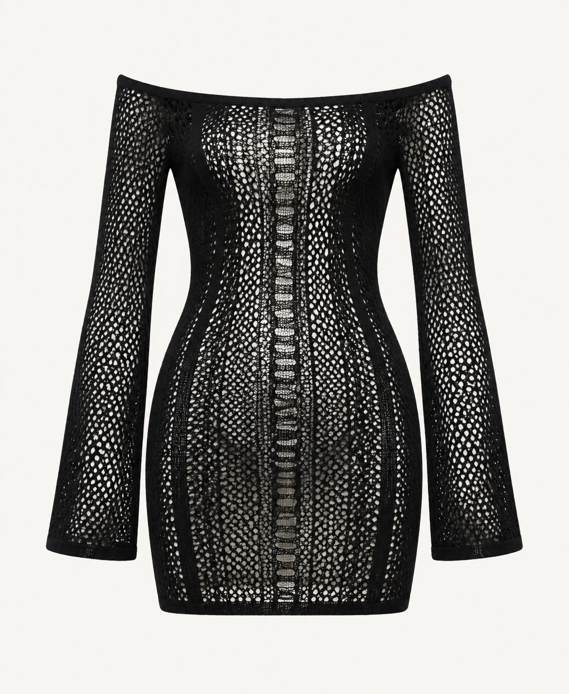 Black crochet off-shoulder mini dress detail showing the open shoulder, long sleeves, and patterned texture.