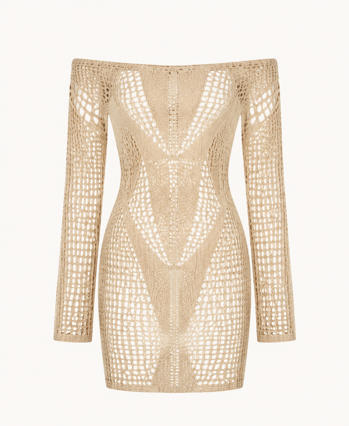 Beige-tan crochet off-shoulder mini dress detail showing the open shoulder, long sleeves, and patterned texture.