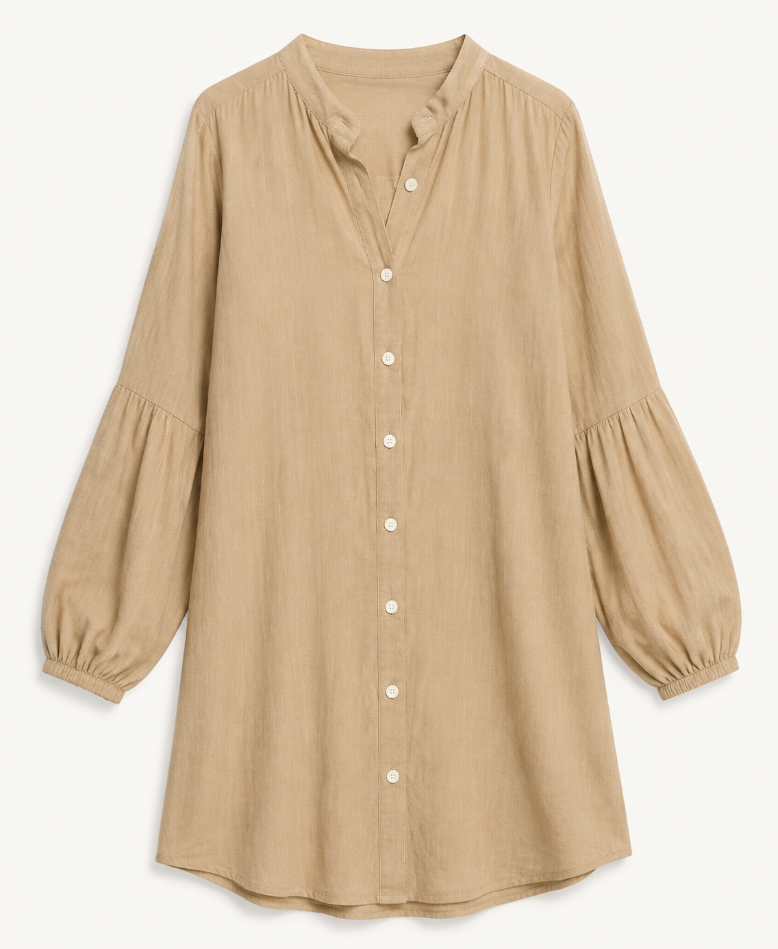 Tan-khaki button-down shirt-dress cover-up detail showing the band collar, button front, and long sleeves.