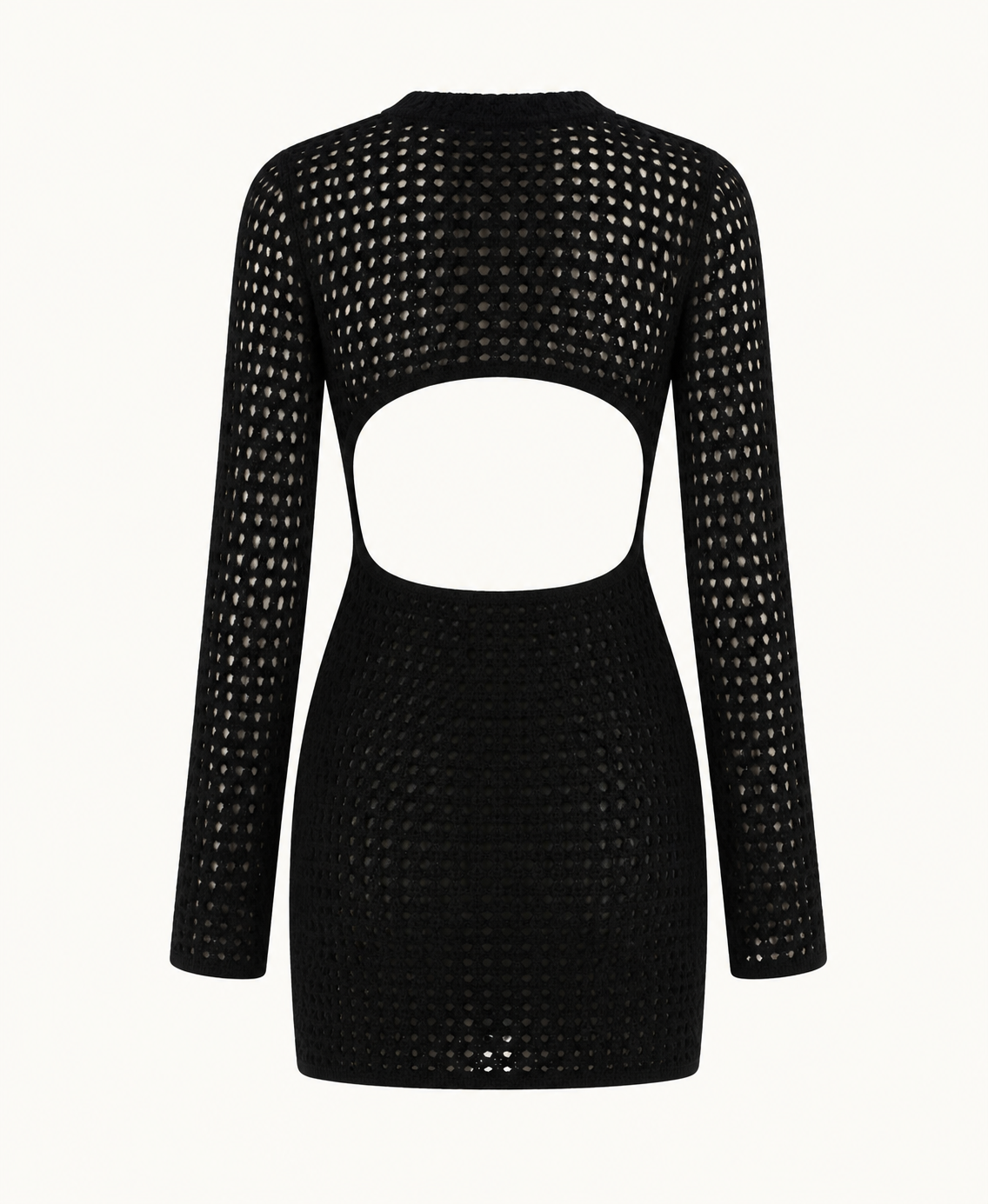Black crochet open-back mini dress detail showing the large back cutout, long sleeves, and short silhouette.