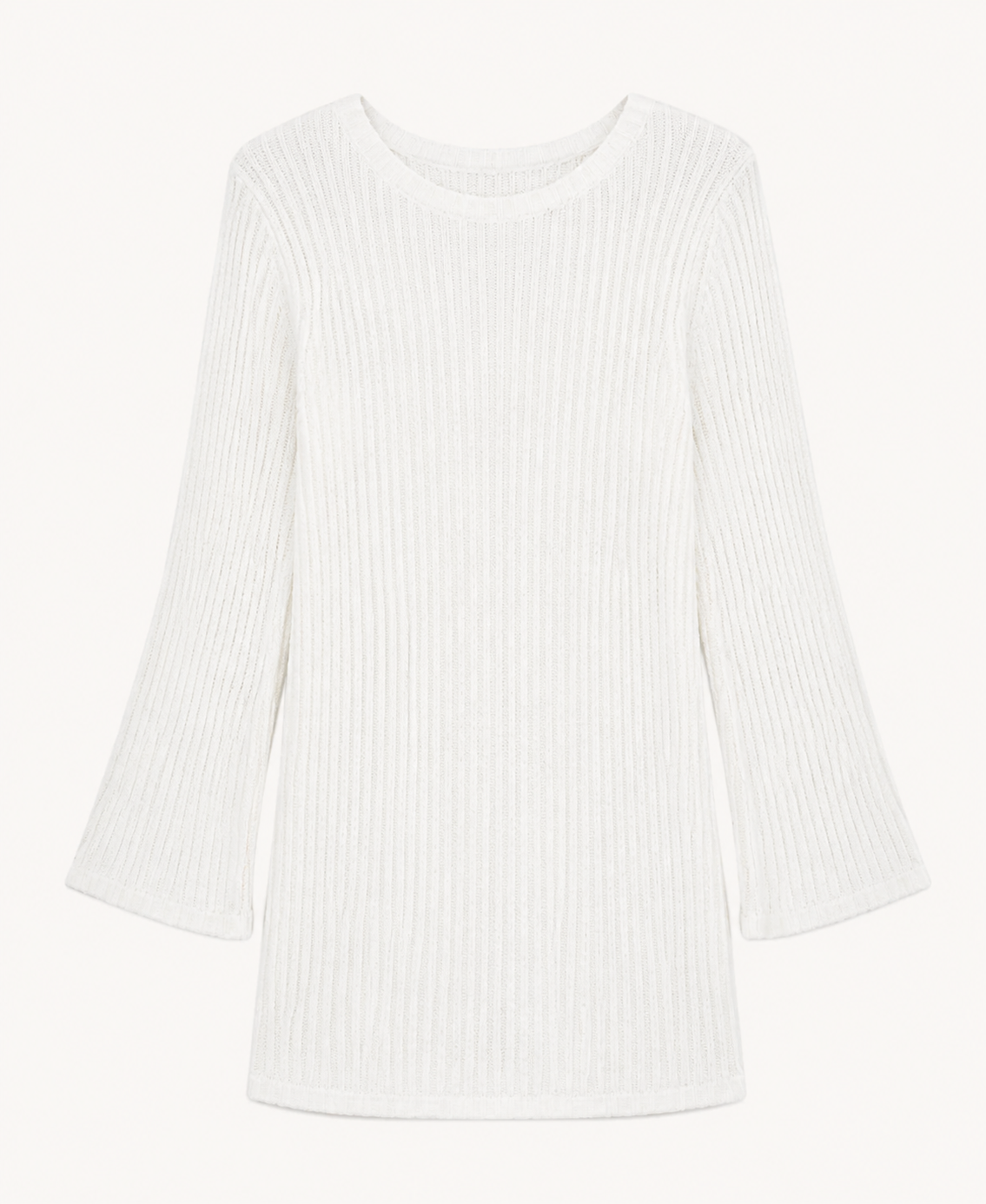 White knit mini dress detail showing the rounded neckline, vertical knit texture, long sleeves, and short straight hem.