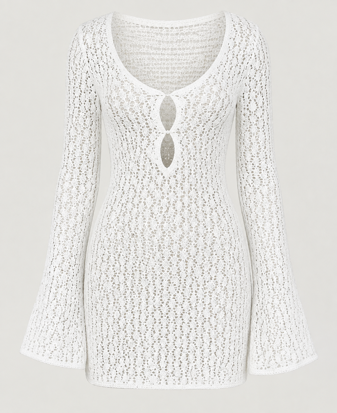 White crochet mini dress detail showing the rounded neckline, two front openings, and flared cuffs.