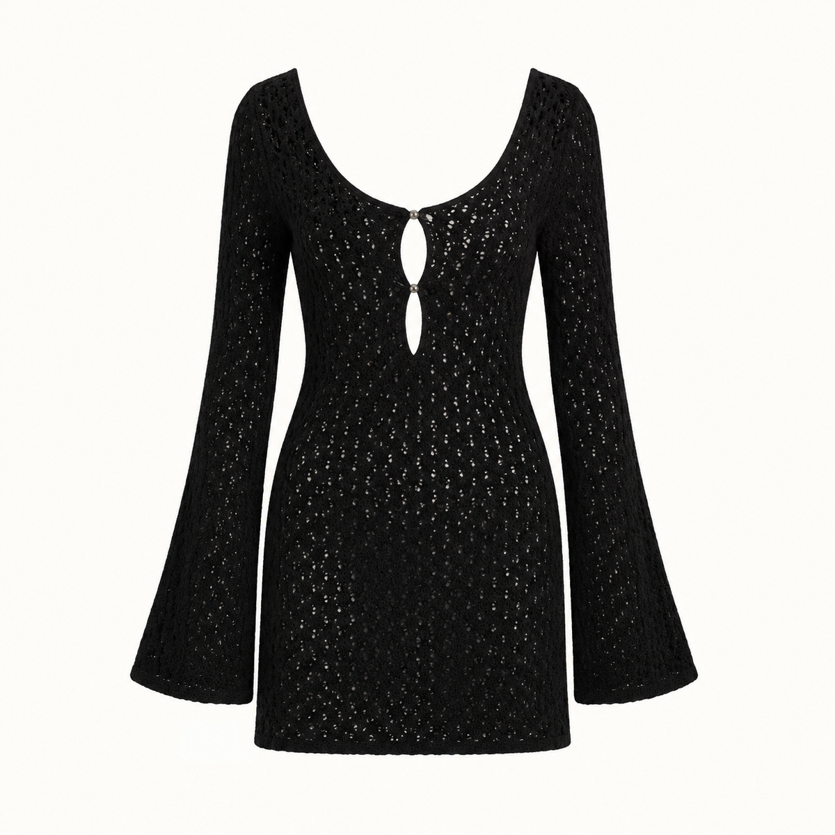 Black crochet mini dress detail showing two vertically aligned front openings and sleeves that widen toward the cuffs.