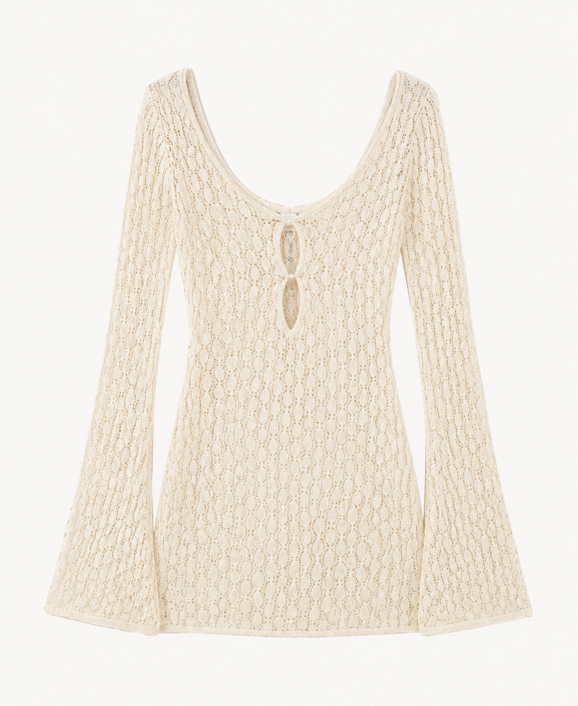 Beige-cream crochet mini dress detail showing two vertically aligned front openings and sleeves that widen toward the cuffs.