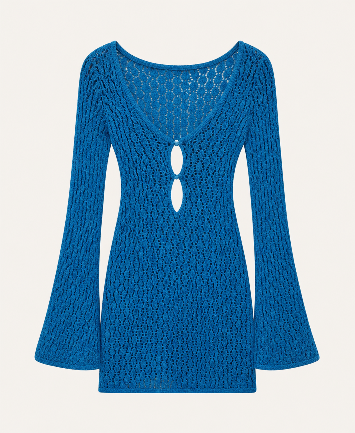 Ocean-blue crochet mini dress detail showing two vertically aligned front openings and sleeves that widen toward the cuffs.