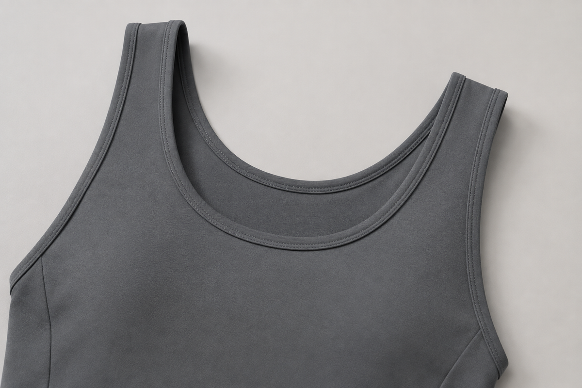 Gray unitard close-up showing its scoop neckline and broad shoulder straps.