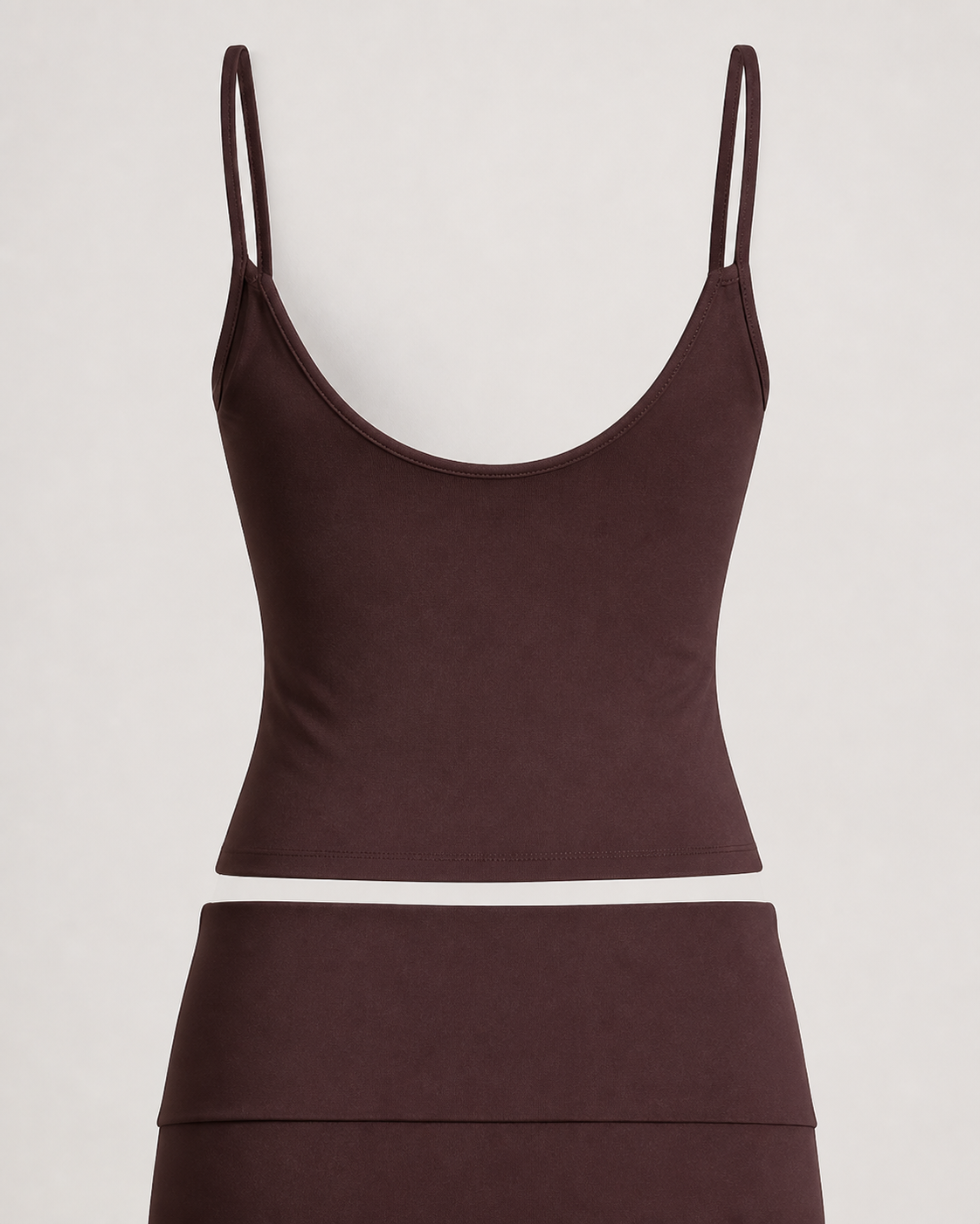 Burgundy longline cami rear detail showing slim straps, a low scoop back, and a separate high waistband.