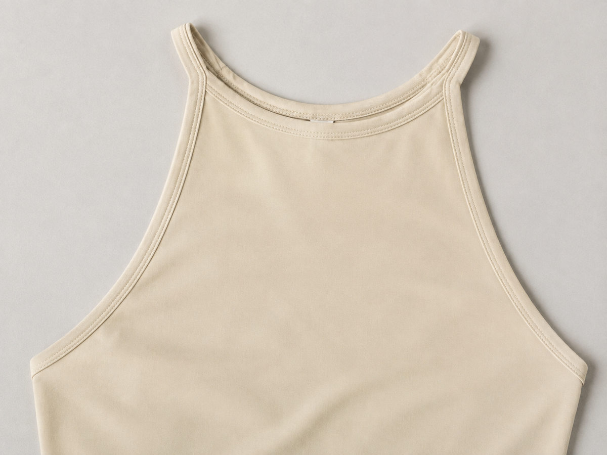 Ivory halter tank detail showing the high curved neckline and cutaway armholes.