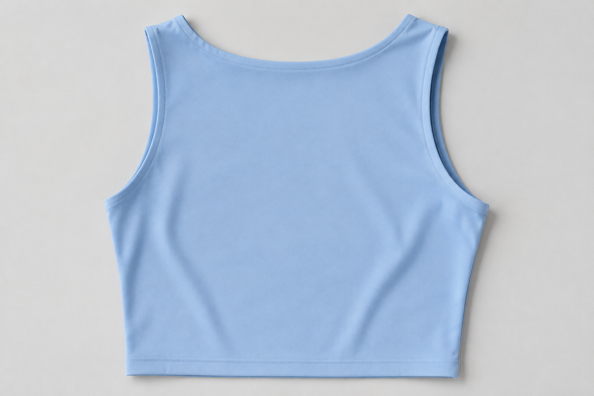 Powder-blue cropped tank detail showing its wide neckline and curved armholes.