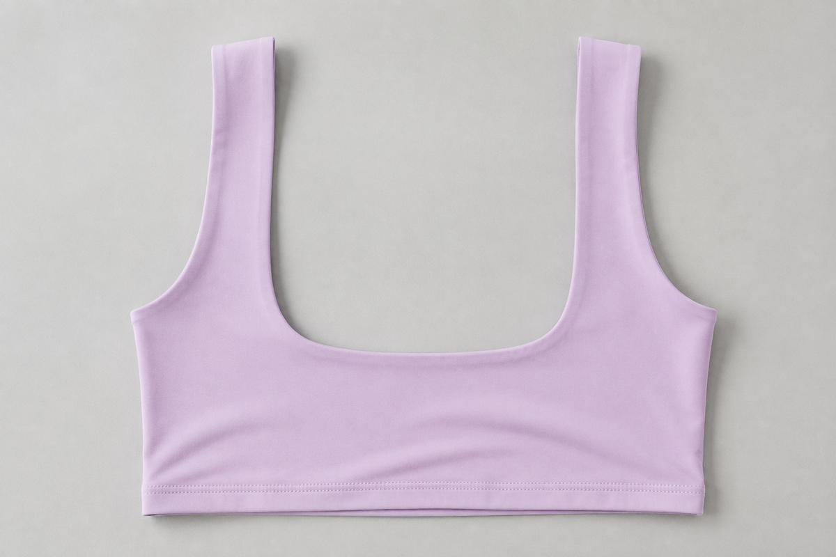 Lavender cropped tank rear detail showing its low rounded-square back and broad straps.