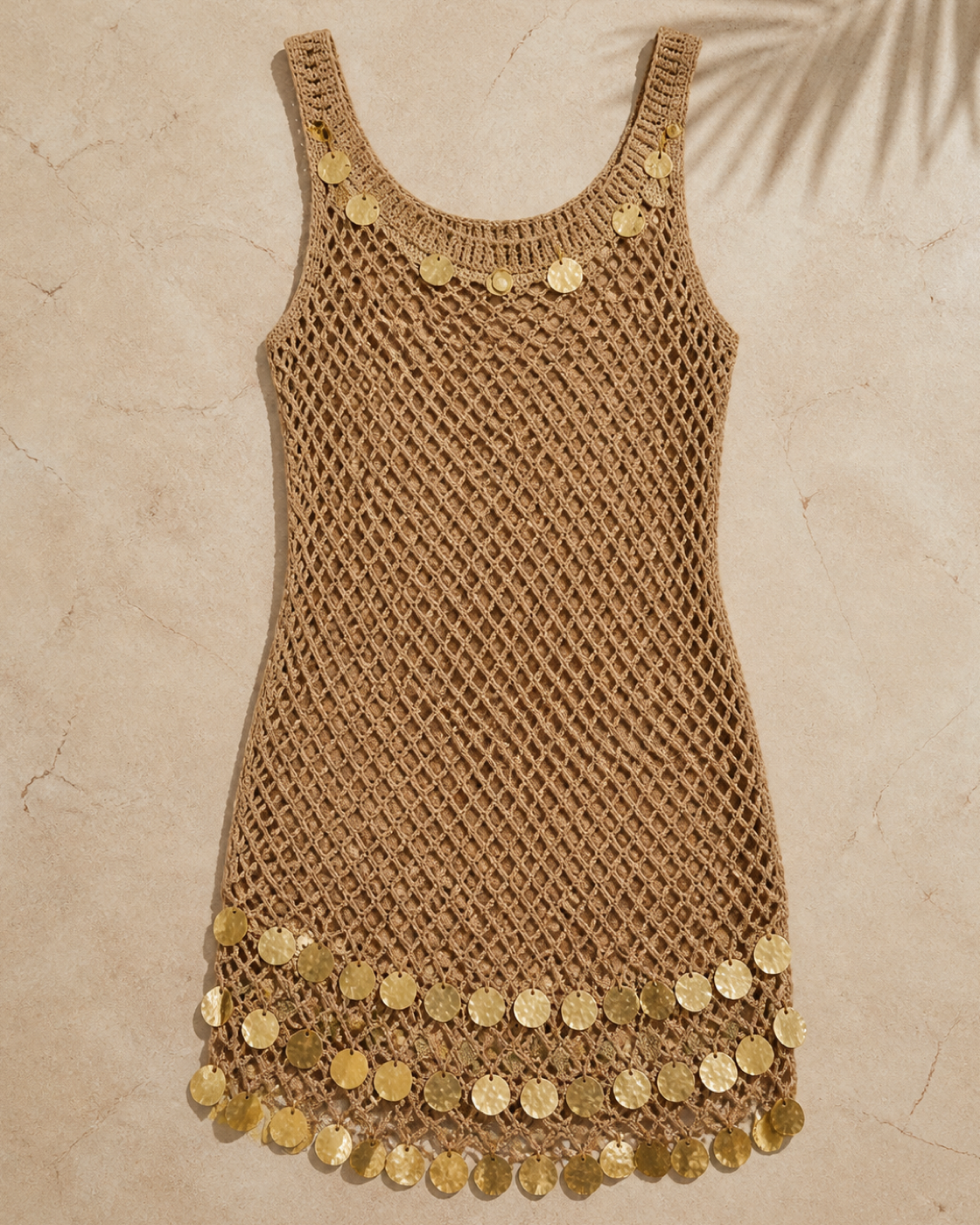 Tan / Beige with Gold Discs Mesh Tank Mini Dress with Sequin Trim, product-only studio view
