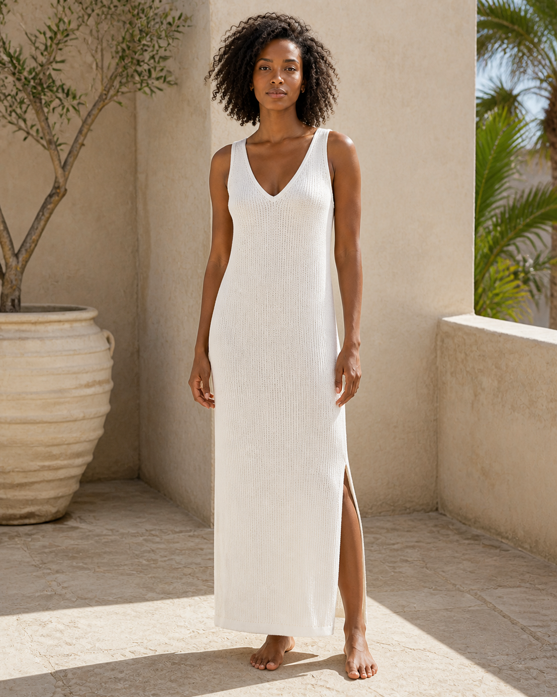 White Cream Knit Open-Back Maxi Dress Cover-Up, alternate model view
