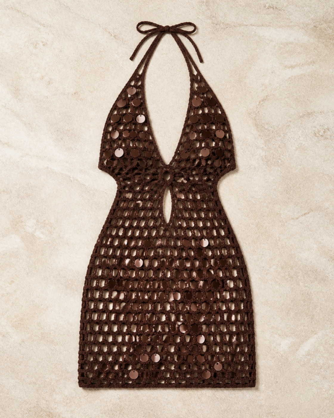 Chocolate Brown Sequin Crochet Halter Mini Dress, product-only studio view