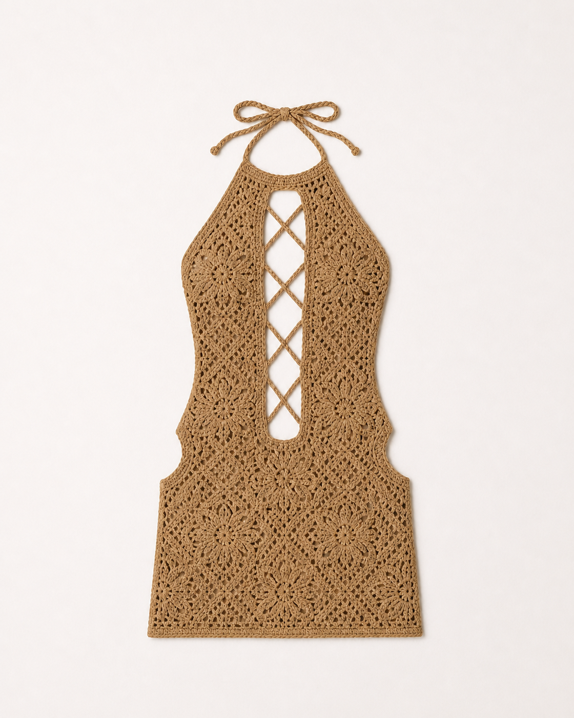 Tan/Nude Khaki Crochet Lace-Up Halter Mini Dress, product-only studio view