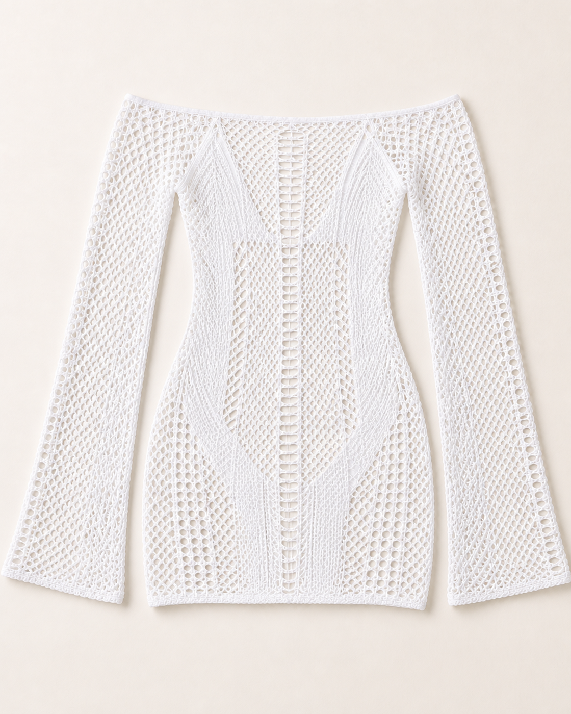 White Crochet Off-Shoulder Long-Sleeve Mini Dress, product-only studio view
