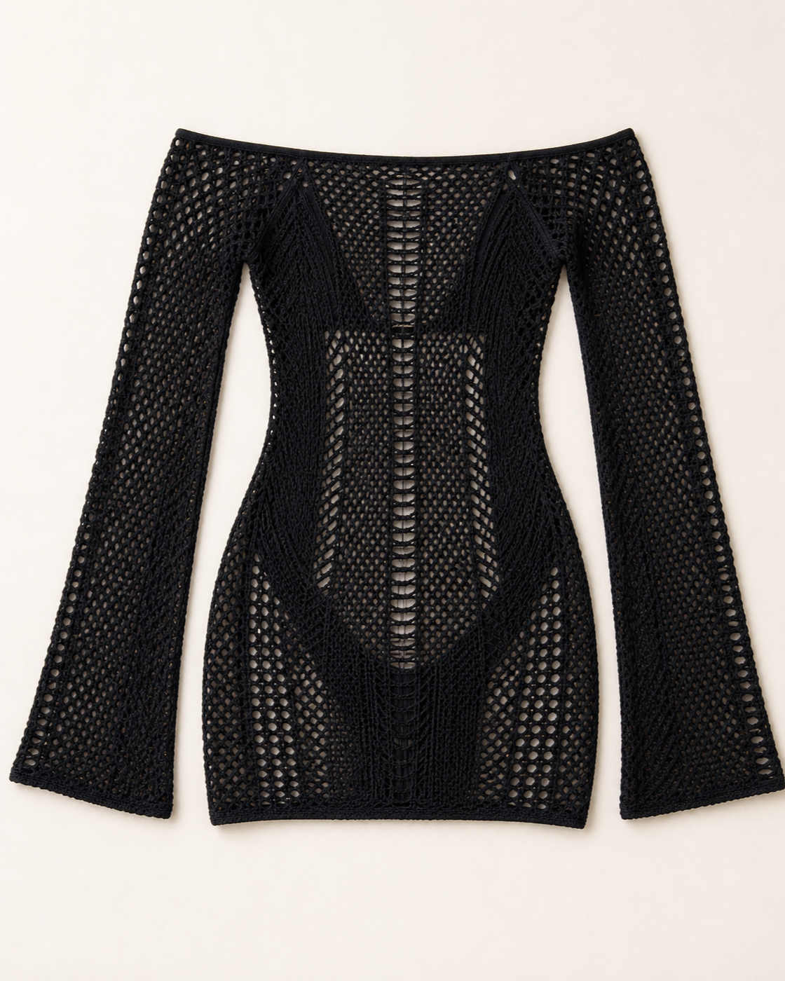 Black Crochet Off-Shoulder Long-Sleeve Mini Dress, product-only studio view