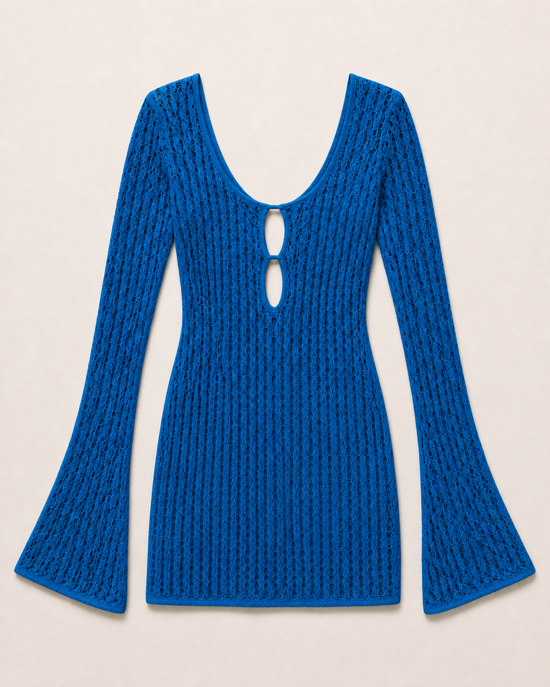 Ocean Blue Crochet Knit Long-Sleeve Mini Dress, product-only studio view