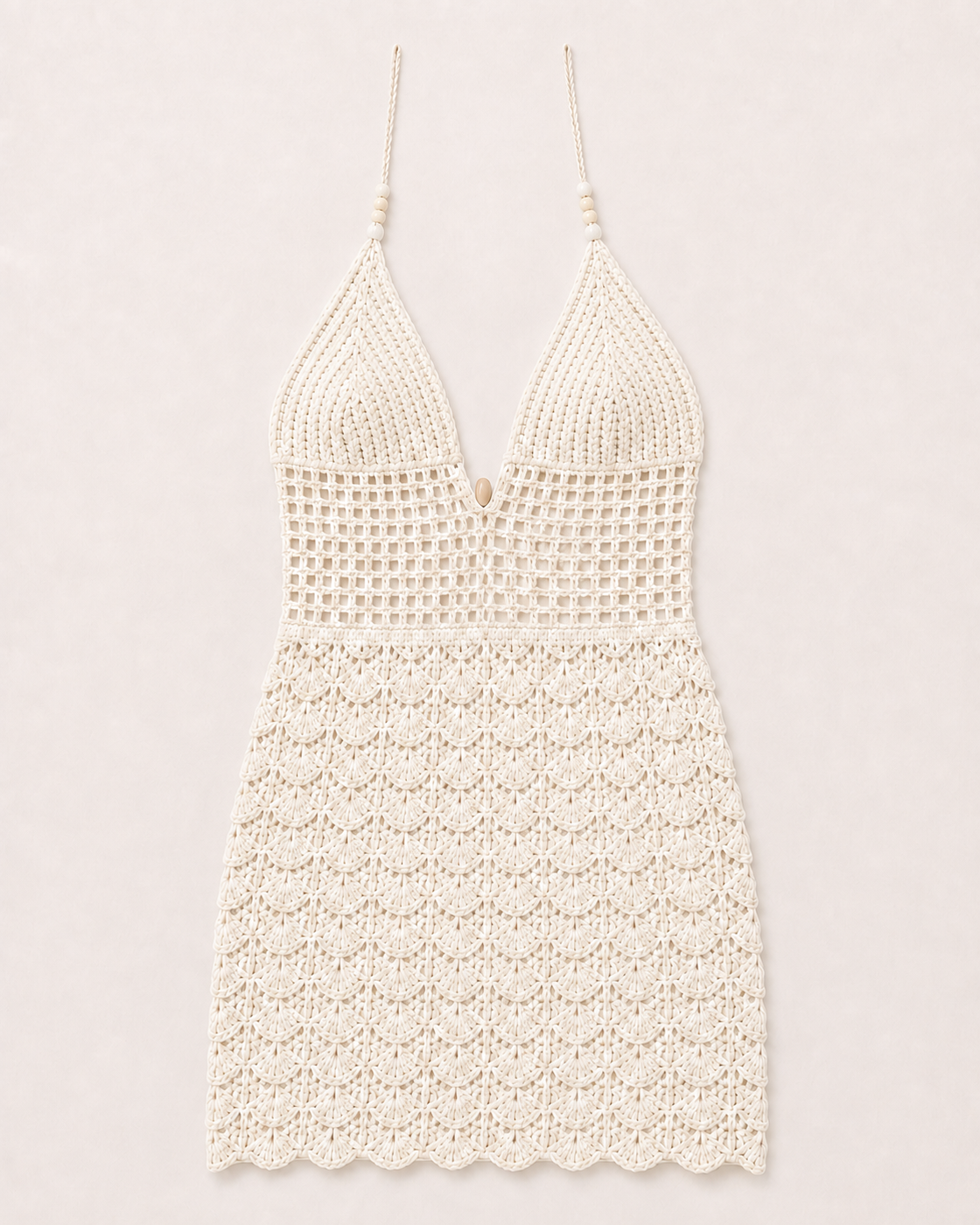 Cream/Ivory Crochet Plunge Halter Mini Dress, product-only studio view