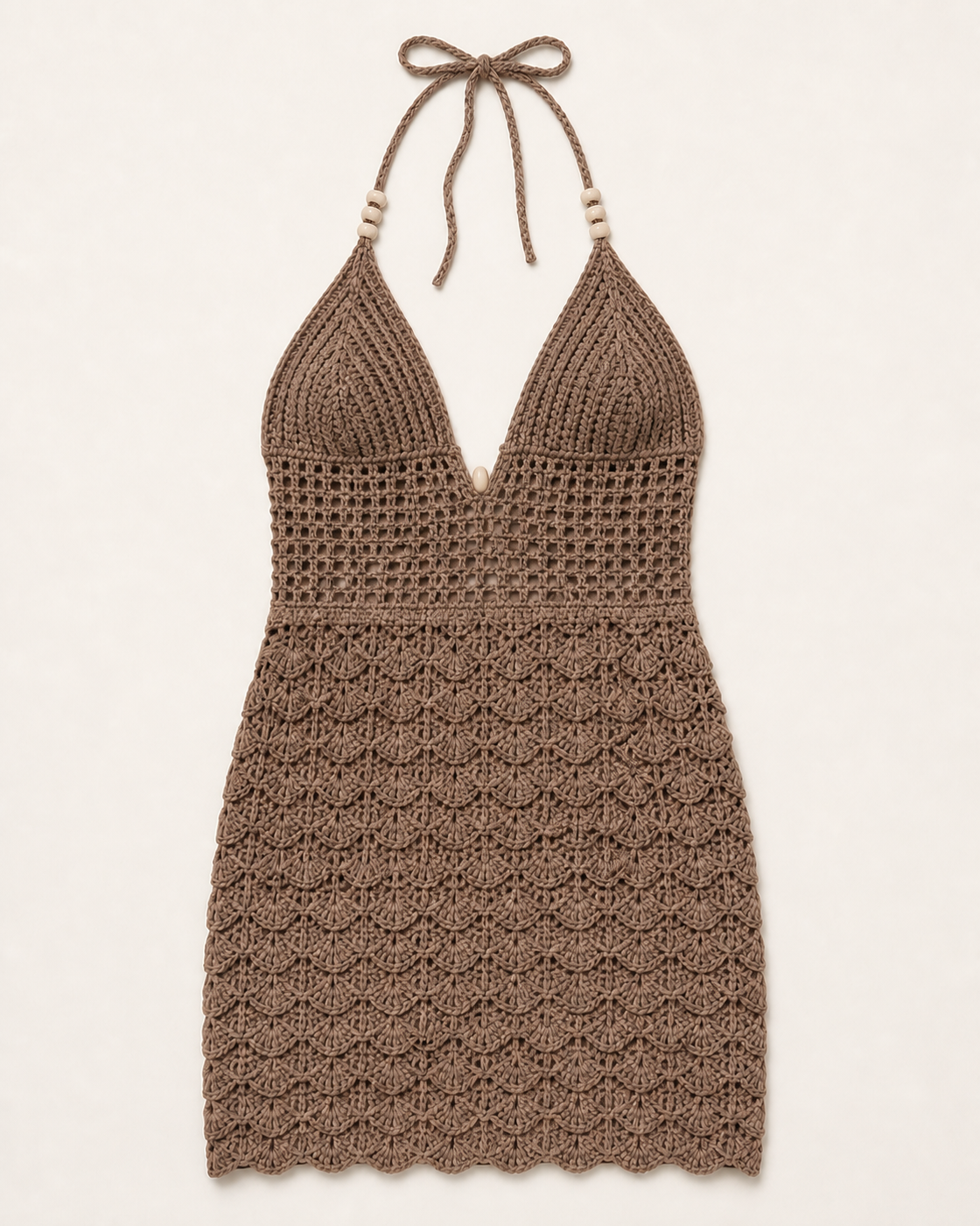 Mocha/Brown Crochet Plunge Halter Mini Dress, product-only studio view