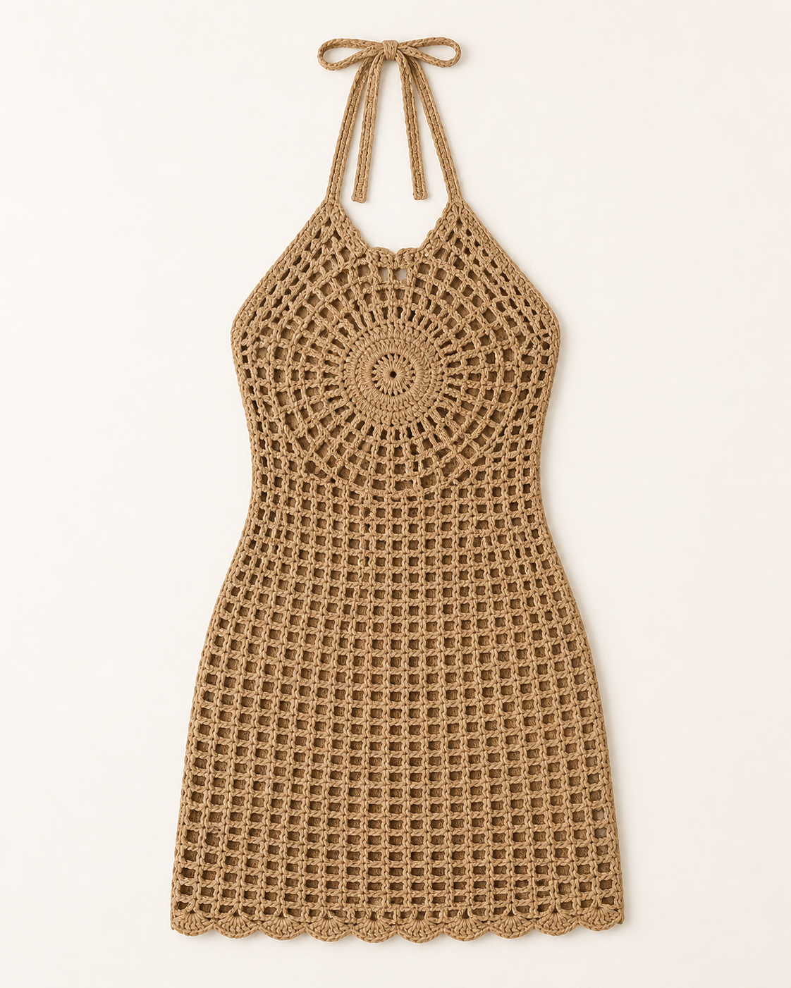 Tan crochet halter mini cover-up dress, flat lay, full garment shown