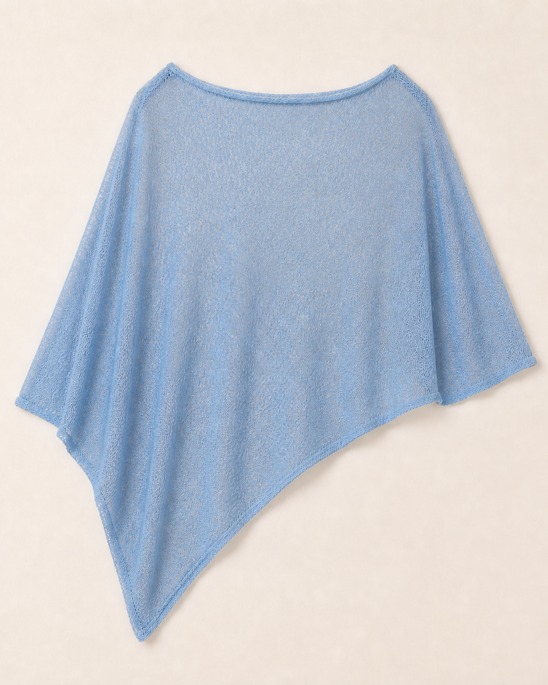 Blue knit and sheer batwing poncho, flat lay, full garment shown