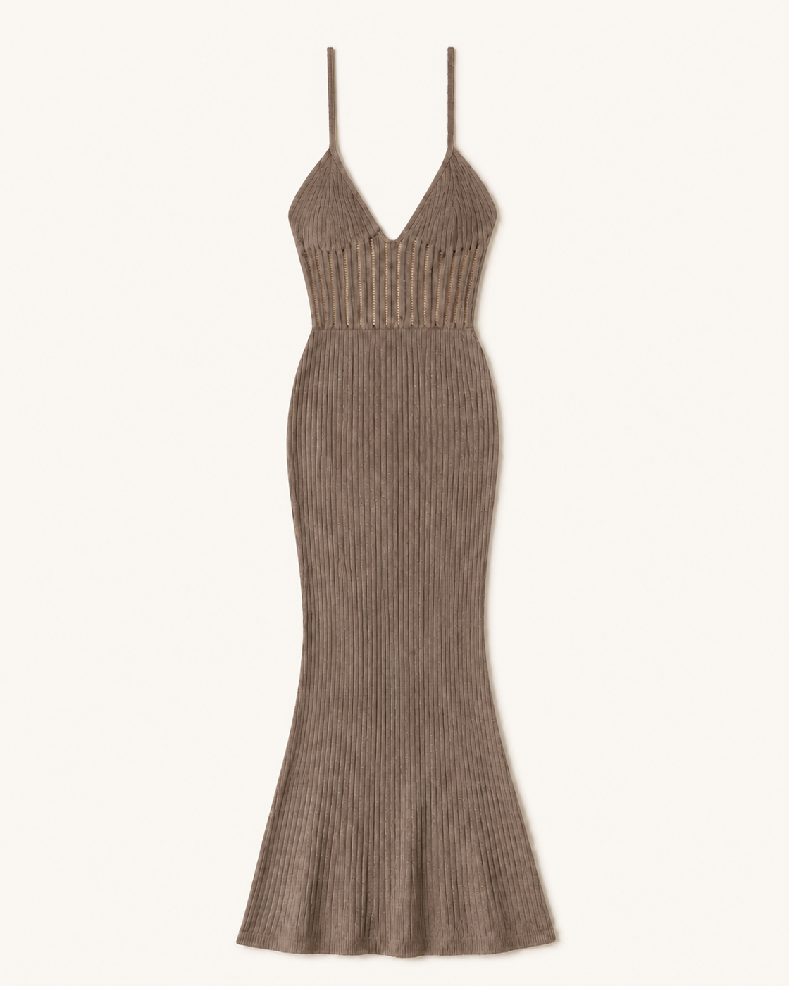 Mocha knit halter maxi cover-up dress, flat lay, full garment shown