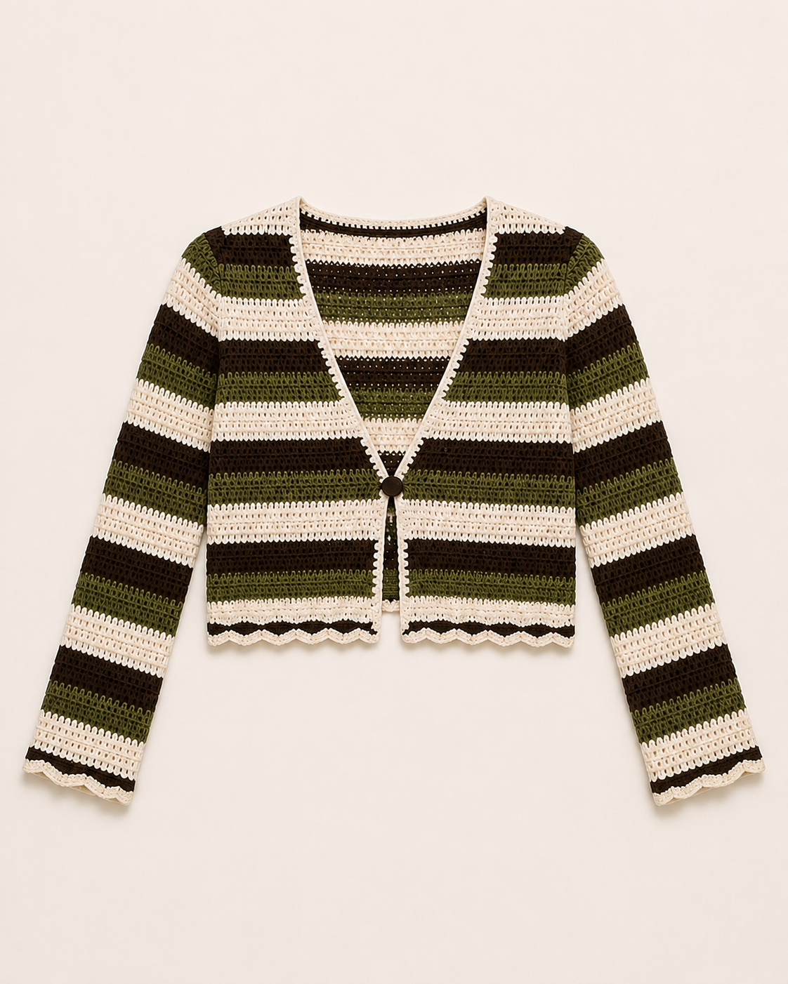 Olive striped knit cardigan, flat lay, full garment shown