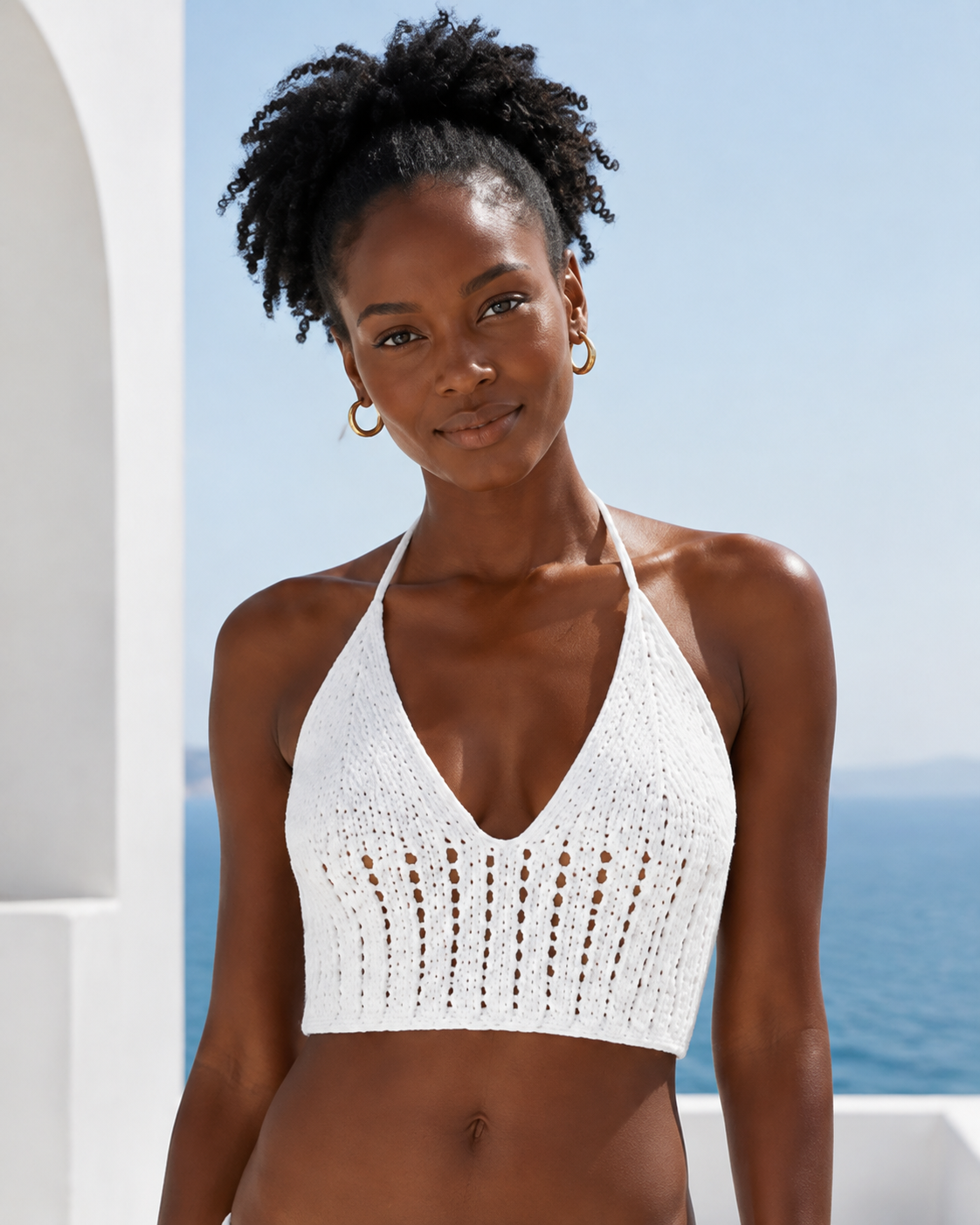 White crochet knit halter top, alternate product-focused front view on model