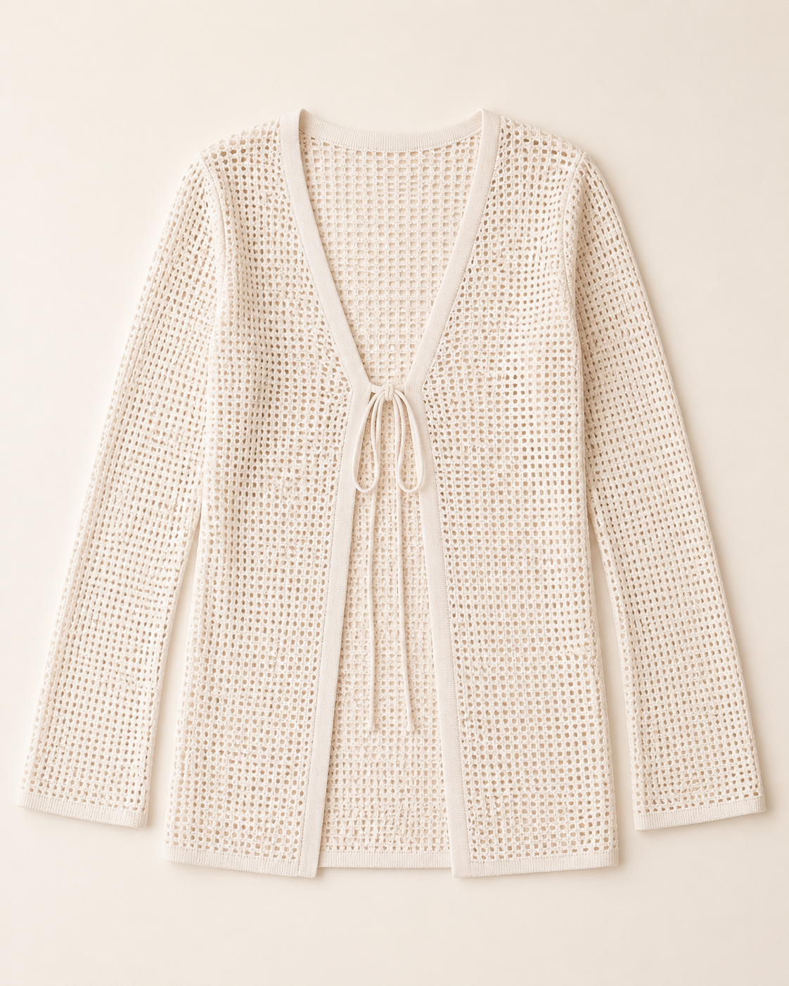 Cream open-knit long cardigan, studio product view