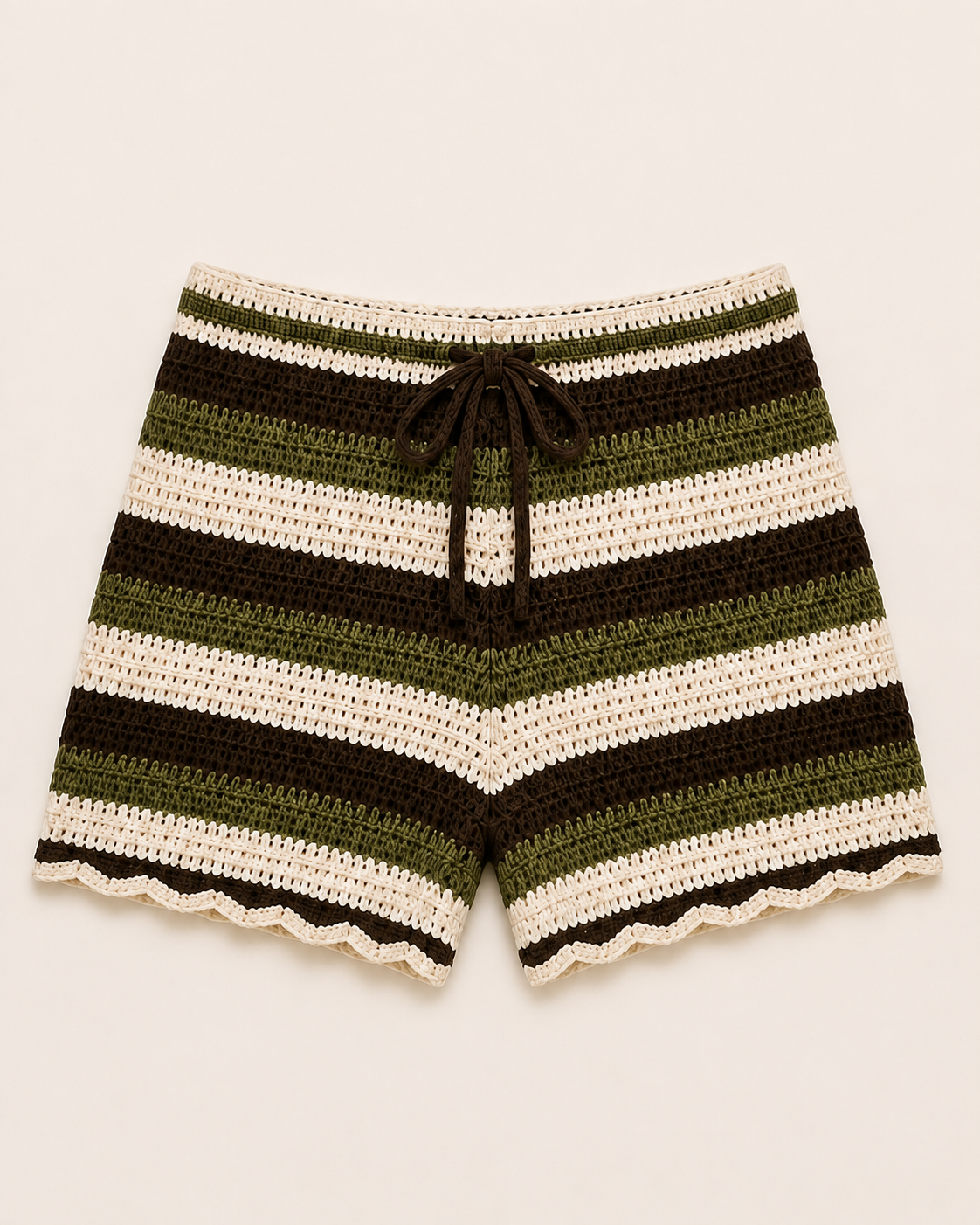 Olive striped knit shorts, flat lay, full garment shown