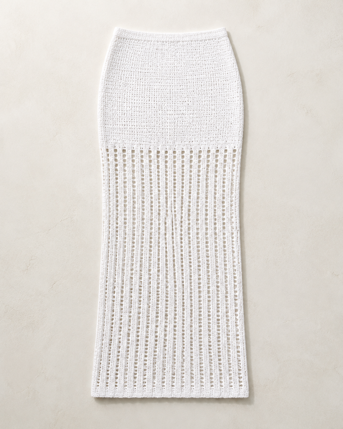 White crochet knit maxi skirt, flat lay, full garment shown